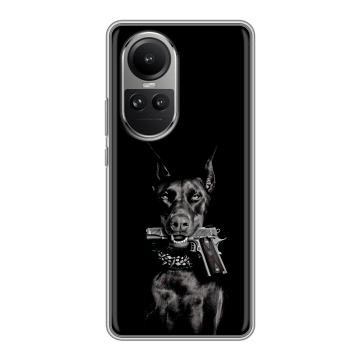 Силиконовый чехол на OPPO Reno10 с принтом Доберман и пистолет Силиконовый чехол на OPPO Reno10 с принтом Доберман и пистолет