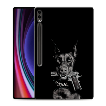 Силиконовый чехол на планшета Samsung Galaxy Tab S9 Ultra с принтом Доберман и пистолет Силиконовый чехол на планшета Samsung Galaxy Tab S9 Ultra с принтом Доберман и пистолет