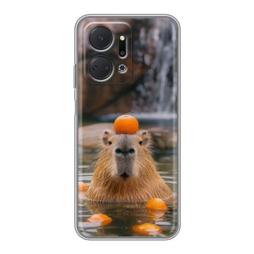 Силиконовый чехол на Huawei Honor X7a Plus с принтом Капибара с апельсином