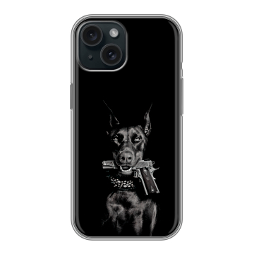 Силиконовый чехол на Iphone 15 с принтом Доберман и пистолет Силиконовый чехол на Iphone 15 с принтом Доберман и пистолет