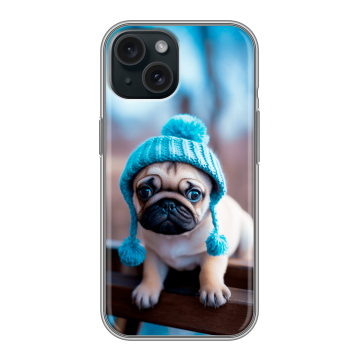 Силиконовый чехол на Iphone 15 с принтом Мопс в шапке Силиконовый чехол на Iphone 15 с принтом Мопс в шапке