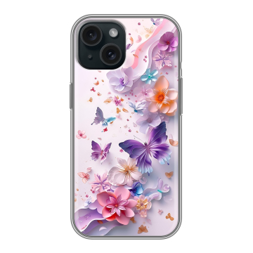 Силиконовый чехол на Iphone 15 с принтом цветы бабочки Силиконовый чехол на Iphone 15 с принтом цветы бабочки