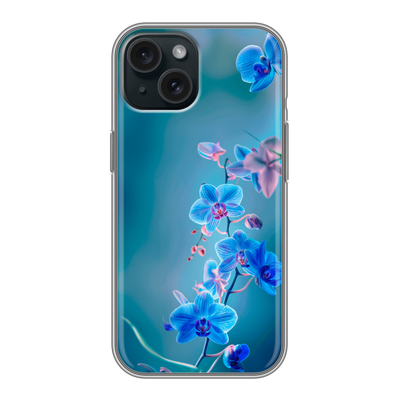 Силиконовый чехол на Iphone 15 с принтом Голубые цветы Силиконовый чехол на Iphone 15 с принтом Голубые цветы