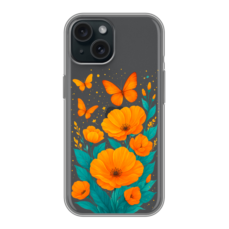 Силиконовый чехол на Iphone 15 с принтом цветы бабочки Силиконовый чехол на Iphone 15 с принтом цветы бабочки