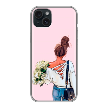 Силиконовый чехол на Iphone 15 Plus с принтом Девушка и букет
