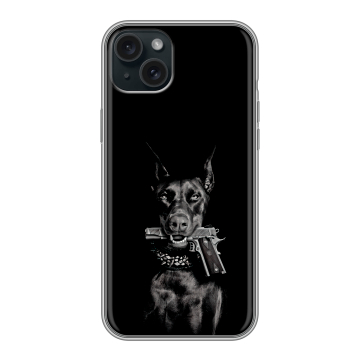 Силиконовый чехол на Iphone 15 Plus с принтом Доберман и пистолет
