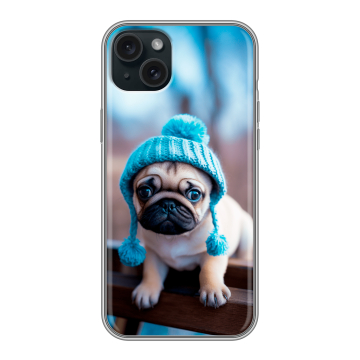 Силиконовый чехол на Iphone 15 Plus с принтом Мопс в шапке Силиконовый чехол на Iphone 15 Plus с принтом Мопс в шапке