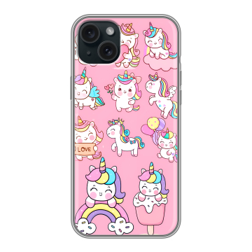 Силиконовый чехол на Iphone 15 Plus с принтом Единороги и радуга