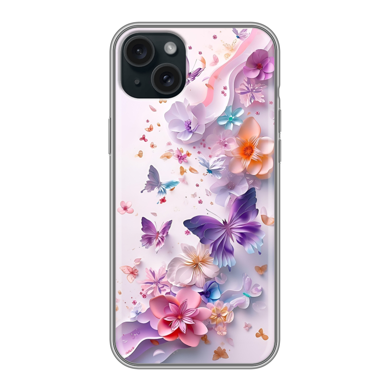 Силиконовый чехол на Iphone 15 Plus с принтом цветы бабочки Силиконовый чехол на Iphone 15 Plus с принтом цветы бабочки