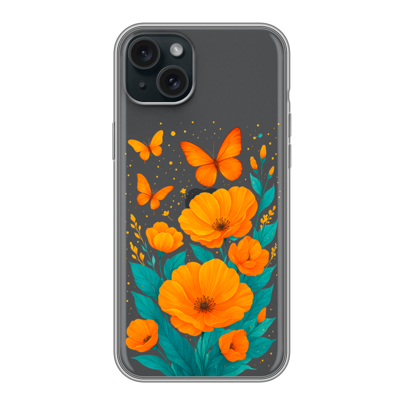 Силиконовый чехол на Iphone 15 Plus с принтом цветы бабочки Силиконовый чехол на Iphone 15 Plus с принтом цветы бабочки