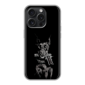 Силиконовый чехол на Iphone 15 Pro с принтом Доберман и пистолет