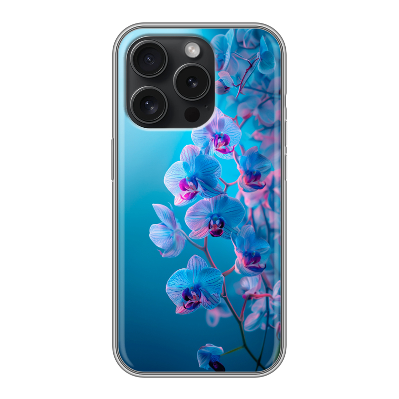Силиконовый чехол на Iphone 15 Pro с принтом голубые орхидеи Силиконовый чехол на Iphone 15 Pro с принтом голубые орхидеи