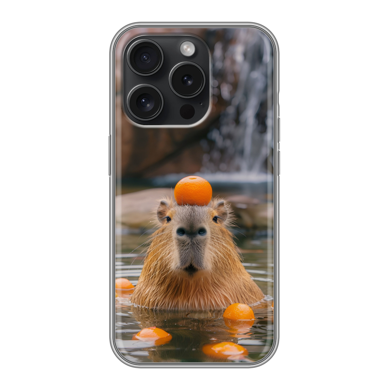 Силиконовый чехол на Iphone 15 Pro с принтом Капибара с апельсином Силиконовый чехол на Iphone 15 Pro с принтом Капибара с апельсином