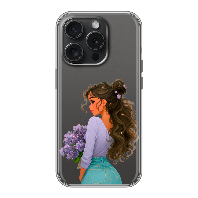 Силиконовый чехол на Iphone 15 Pro с принтом девушка цветы Силиконовый чехол на Iphone 15 Pro с принтом девушка цветы