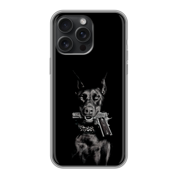 Силиконовый чехол на Iphone 15 Pro Max с принтом Доберман и пистолет