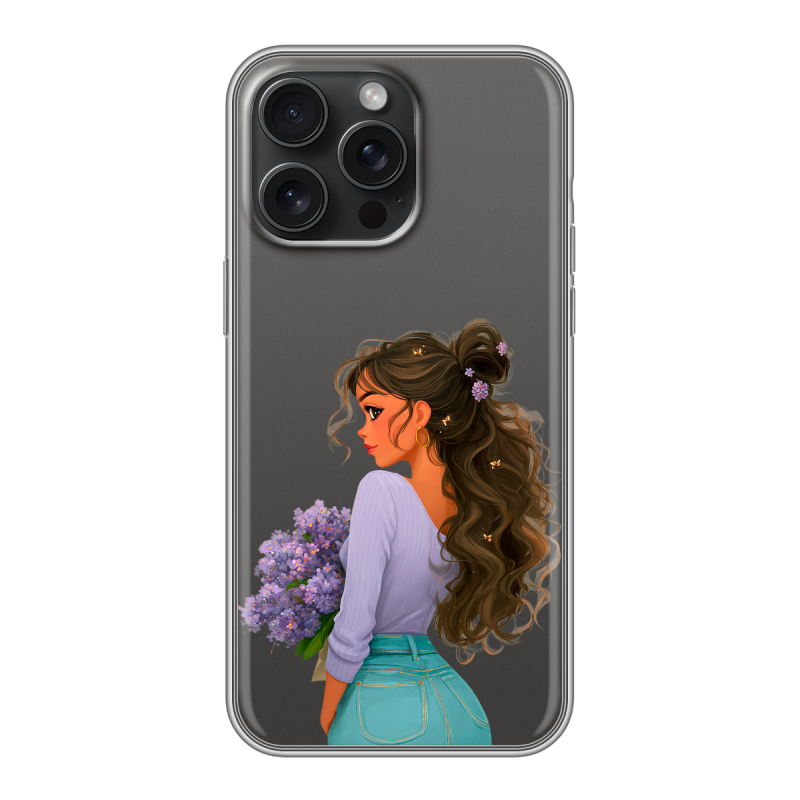 Силиконовый чехол на Iphone 15 Pro Max с принтом девушка цветы Силиконовый чехол на Iphone 15 Pro Max с принтом девушка цветы