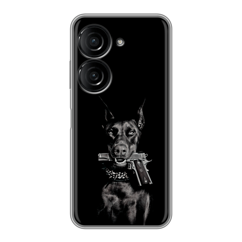 Силиконовый чехол на ASUS ZenFone 9 с принтом Доберман и пистолет Силиконовый чехол на ASUS ZenFone 9 с принтом Доберман и пистолет