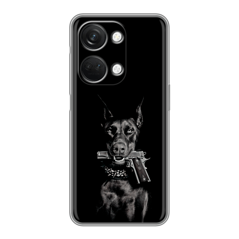 Силиконовый чехол на OnePlus Nord 3 с принтом Доберман и пистолет Силиконовый чехол на OnePlus Nord 3 с принтом Доберман и пистолет