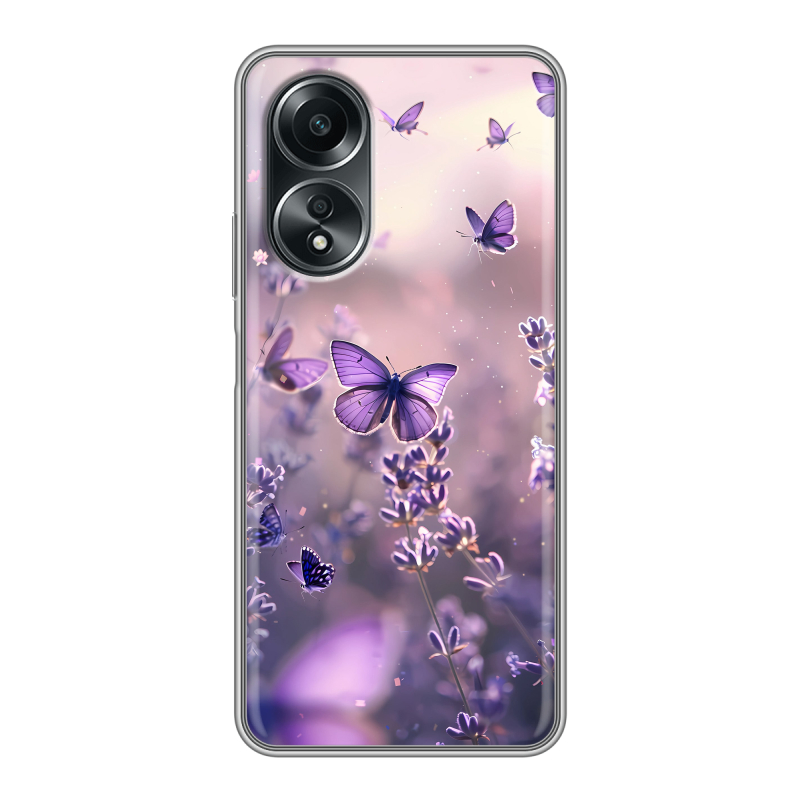 Силиконовый чехол на OPPO A58 4G с принтом бабочки и лаванда Силиконовый чехол на OPPO A58 4G с принтом бабочки и лаванда