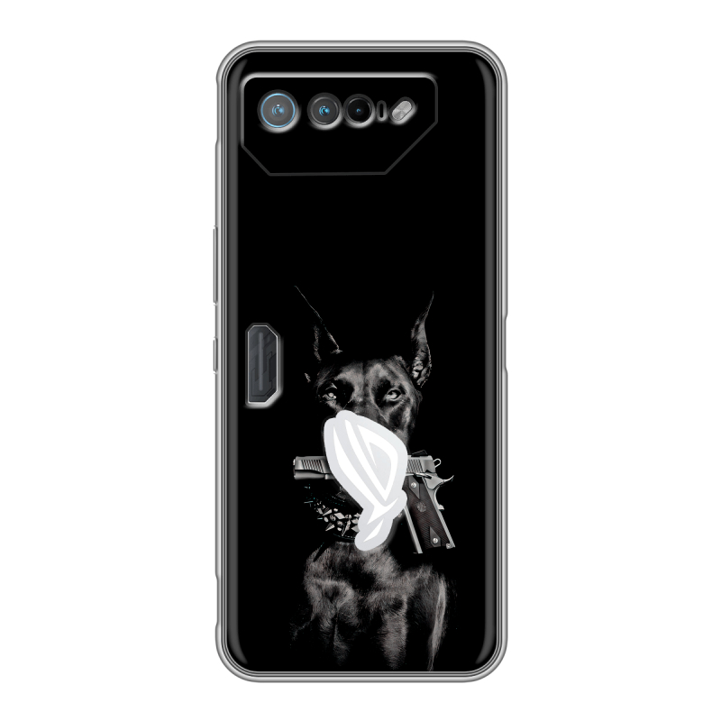 Силиконовый чехол на ASUS ROG Phone 7 с принтом Доберман и пистолет Силиконовый чехол на ASUS ROG Phone 7 с принтом Доберман и пистолет