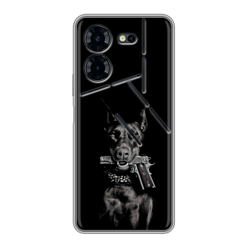 Силиконовый чехол на Tecno Pova 5 Pro с принтом Доберман и пистолет Силиконовый чехол на Tecno Pova 5 Pro с принтом Доберман и пистолет