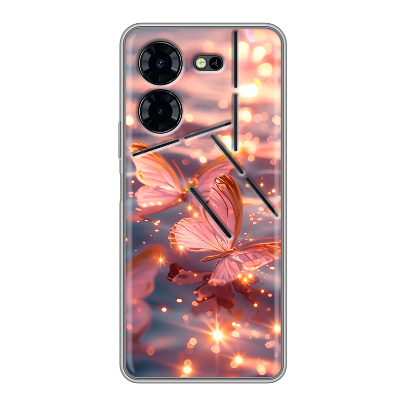 Силиконовый чехол на Tecno Pova 5 Pro с принтом бабочки розовые Силиконовый чехол на Tecno Pova 5 Pro с принтом бабочки розовые