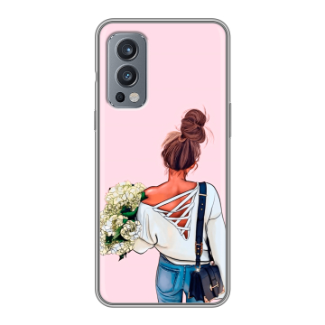 Силиконовый чехол на OnePlus Nord 2 с принтом Девушка и букет Силиконовый чехол на OnePlus Nord 2 с принтом Девушка и букет