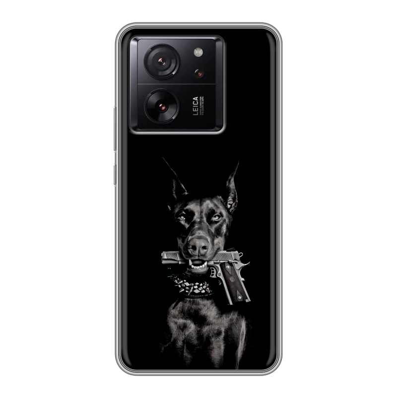 Силиконовый чехол на Xiaomi 13T с принтом Доберман и пистолет Силиконовый чехол на Xiaomi 13T с принтом Доберман и пистолет