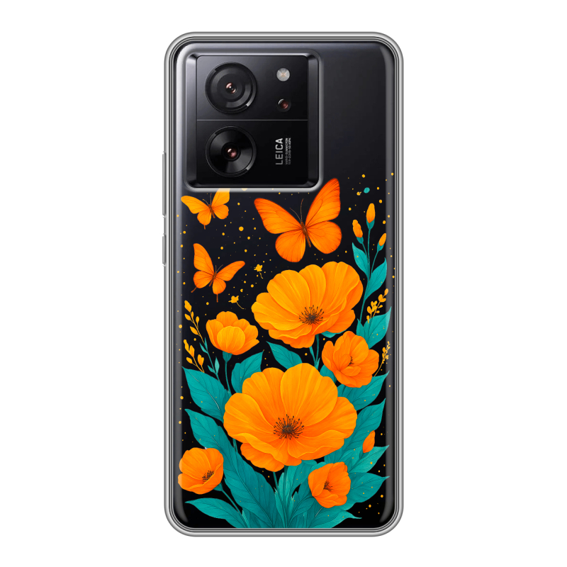Силиконовый чехол на Xiaomi 13T с принтом цветы бабочки Силиконовый чехол на Xiaomi 13T с принтом цветы бабочки