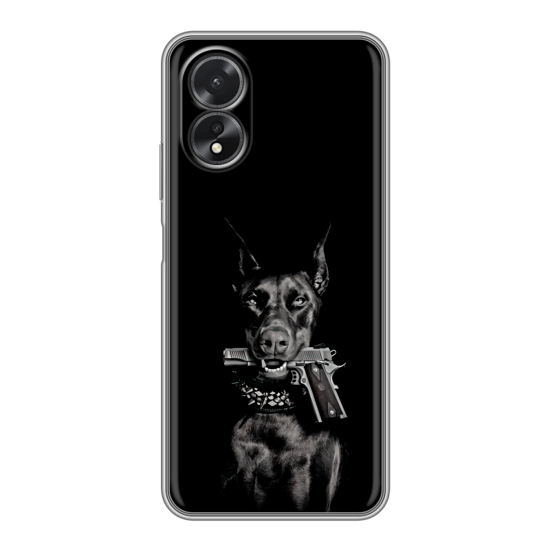 Силиконовый чехол на OPPO A38 4G с принтом Доберман и пистолет Силиконовый чехол на OPPO A38 4G с принтом Доберман и пистолет