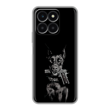 Силиконовый чехол на Huawei Honor X6a с принтом Доберман и пистолет Силиконовый чехол на Huawei Honor X6a с принтом Доберман и пистолет
