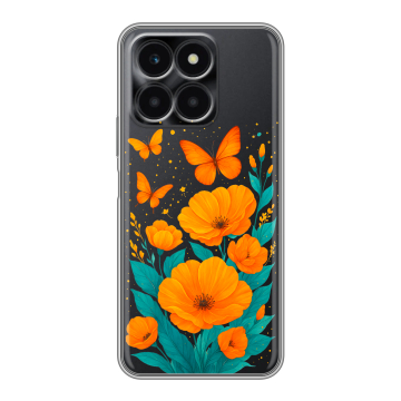 Силиконовый чехол на Huawei Honor X6a с принтом цветы бабочки Силиконовый чехол на Huawei Honor X6a с принтом цветы бабочки
