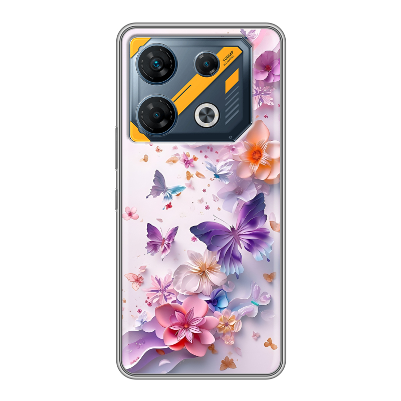 Силиконовый чехол на Infinix GT 10 Pro с принтом цветы бабочки Силиконовый чехол на Infinix GT 10 Pro с принтом цветы бабочки