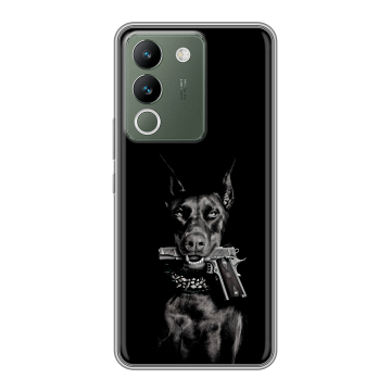 Силиконовый чехол на Vivo V29e с принтом Доберман и пистолет Силиконовый чехол на Vivo V29e с принтом Доберман и пистолет