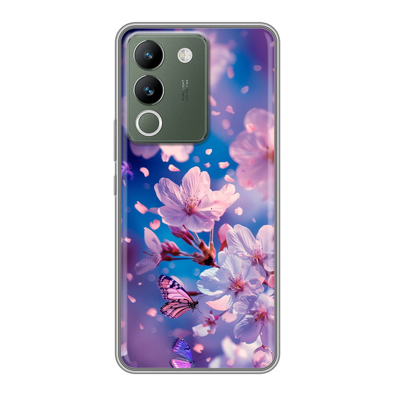 Силиконовый чехол на Vivo V29e с принтом цветы бабочки Силиконовый чехол на Vivo V29e с принтом цветы бабочки