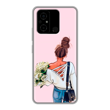 Силиконовый чехол на Xiaomi Poco C55 с принтом Девушка и букет Силиконовый чехол на Xiaomi Poco C55 с принтом Девушка и букет