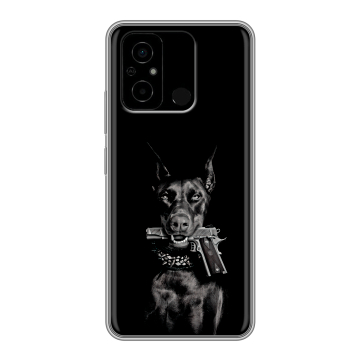 Силиконовый чехол на Xiaomi Poco C55 с принтом Доберман и пистолет Силиконовый чехол на Xiaomi Poco C55 с принтом Доберман и пистолет