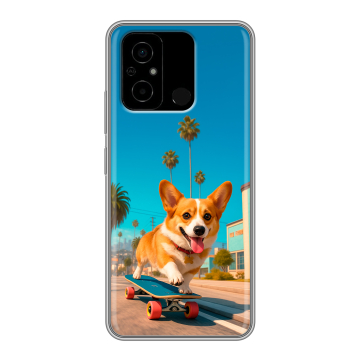 Силиконовый чехол на Xiaomi Poco C55 с принтом Корги на скейте Силиконовый чехол на Xiaomi Poco C55 с принтом Корги на скейте
