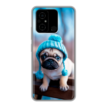 Силиконовый чехол на Xiaomi Poco C55 с принтом Мопс в шапке Силиконовый чехол на Xiaomi Poco C55 с принтом Мопс в шапке
