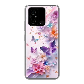 Силиконовый чехол на Xiaomi Poco C55 с принтом цветы бабочки Силиконовый чехол на Xiaomi Poco C55 с принтом цветы бабочки