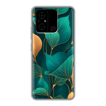 Силиконовый чехол на Xiaomi Poco C55 с принтом Листья и золото