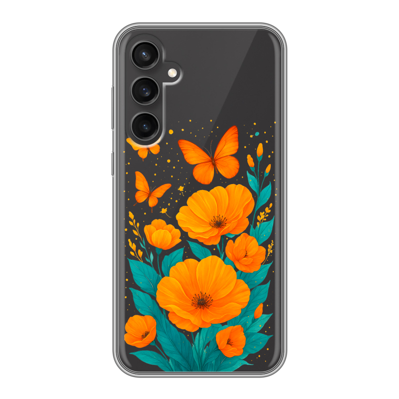 Силиконовый чехол на Samsung Galaxy S23 FE с принтом цветы бабочки Силиконовый чехол на Samsung Galaxy S23 FE с принтом цветы бабочки