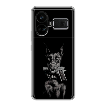 Силиконовый чехол на Realme GT5 с принтом Доберман и пистолет Силиконовый чехол на Realme GT5 с принтом Доберман и пистолет