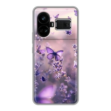 Силиконовый чехол на Realme GT5 с принтом бабочки и лаванда Силиконовый чехол на Realme GT5 с принтом бабочки и лаванда