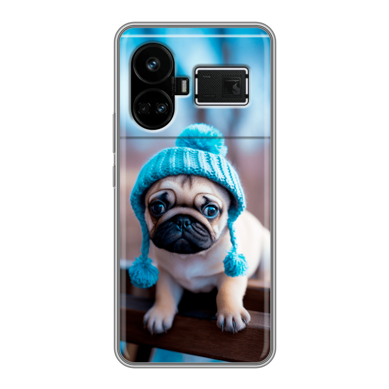 Силиконовый чехол на Realme GT5 с принтом Мопс в шапке Силиконовый чехол на Realme GT5 с принтом Мопс в шапке