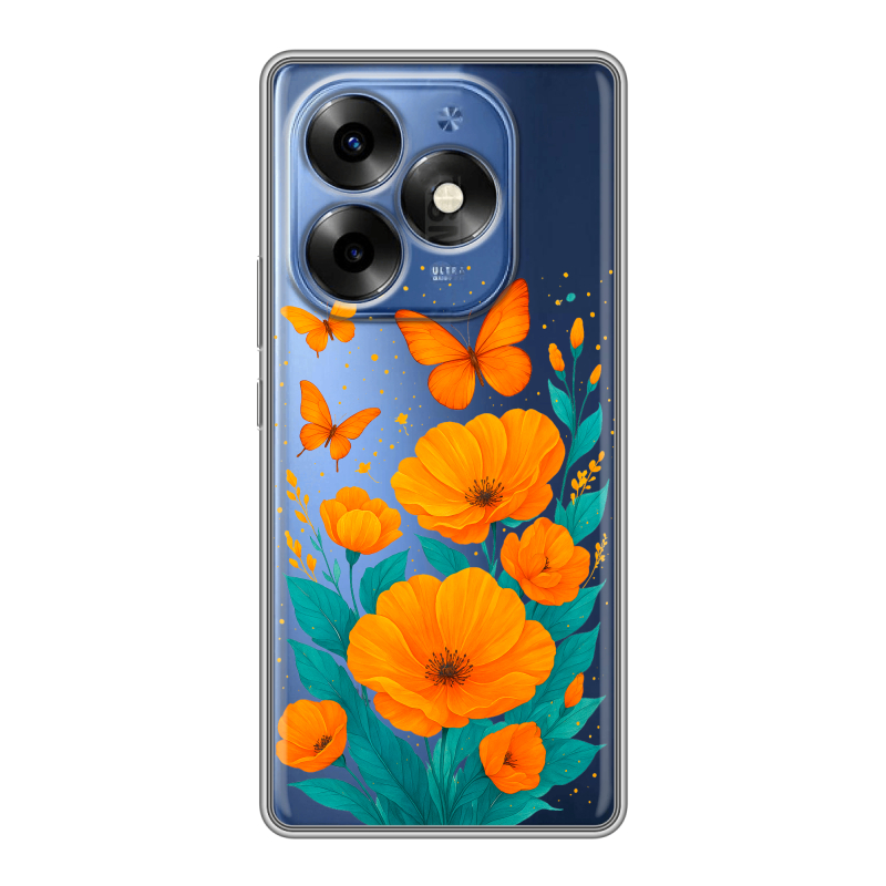 Силиконовый чехол на Itel S23 Plus с принтом цветы бабочки Силиконовый чехол на Itel S23 Plus с принтом цветы бабочки
