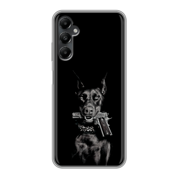Силиконовый чехол на Samsung Galaxy A05s с принтом Доберман и пистолет Силиконовый чехол на Samsung Galaxy A05s с принтом Доберман и пистолет