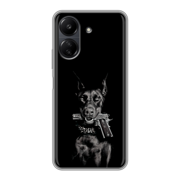 Силиконовый чехол на Xiaomi Poco C65 с принтом Доберман и пистолет Силиконовый чехол на Xiaomi Poco C65 с принтом Доберман и пистолет