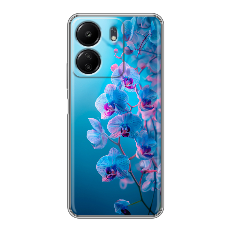 Силиконовый чехол на Xiaomi Poco C65 с принтом голубые орхидеи Силиконовый чехол на Xiaomi Poco C65 с принтом голубые орхидеи