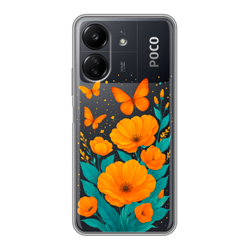 Силиконовый чехол на Xiaomi RedMi 13C с принтом цветы бабочки Силиконовый чехол на Xiaomi RedMi 13C с принтом цветы бабочки